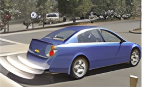 A blue car with the tail lights on is shown.