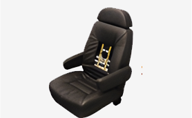 A black leather seat with gold colored trim.